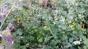 Young Wife Fucks Petite Babe in Garden Bushes