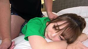 19-year-old Japanese girl with hairy pussy rides hard in homemade clip. Her plump ass bounces wild during intense sex.