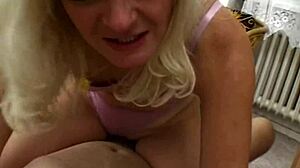 Blonde milf bombshell sucks cock and gets facial