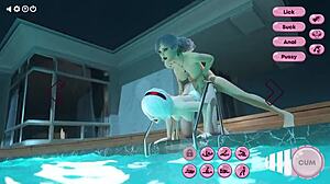 Hot futanari babe sucks and fucks near pool with cum explosion