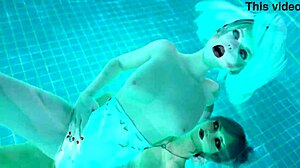 Hot futanari babe sucks and fucks near pool with cum explosion