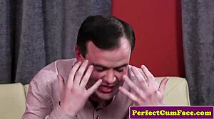 Big boobed English redhead gets facial in POV style