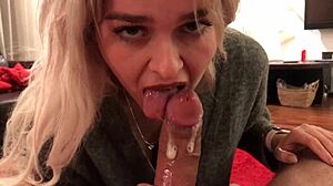 Deep blowjob from small 18+ blonde slut with big tits and cumshot