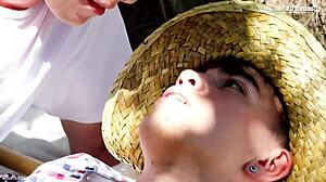 farmer twink gets dirty on the ranch. watch him jerk and suck cock with wild passion!