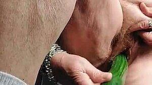 German Granny Slut Fills Hairy Hole with Cucumber