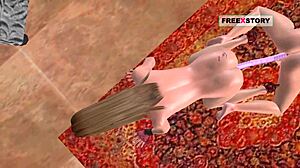 two animated lesbian girls kissing and banging with a double dildo in 3d.