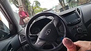 Risky public handjob for student on the street