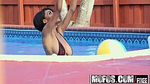 In the bathroom, a voyeur from Mofos cheats with the wife's blonde friend, Brittney White, in an amateur scene.