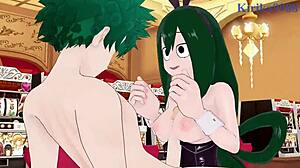Nejire hado and tsuyu asui and izuku midoriya in bunny girl outfits for intense sex