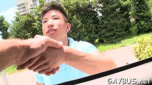 Blindfolded stud tricked into gay oral action