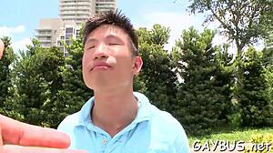 Blindfolded stud tricked into gay oral action