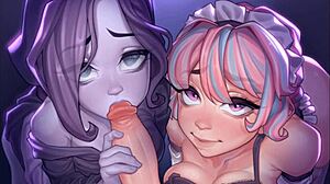 Harem girls compete in a ghostly blowjob contest