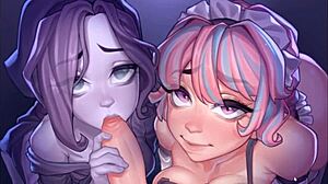 Harem girls compete in a ghostly blowjob contest