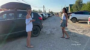 Two teen girls boldly walk in public without panties, flashing their nude asses and pussies outdoors