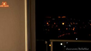 Beautiful escort girl with blue eyes on a public balcony, cowgirl position with a big dick