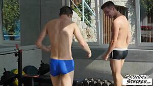 gay twinks tony and corey bareback by the pool 😏