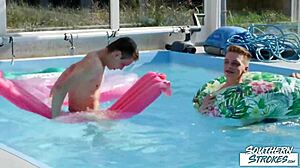 gay twinks tony and corey bareback by the pool 😏