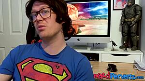 British beauty gives blow job to two nerds at once