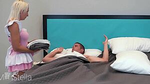 Milf Stella Freebie gives wake up blowjob