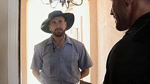 Muscular gay stepdad and son seduce the delivery guy