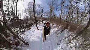 Winter outdoor sex with big-titted babe in park