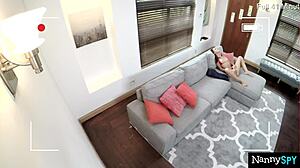 nanny cam catches charity fingering her wet pussy. petite brunette with monster cock riding.