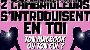 Two burglars dominate with double penetration in gay audio.