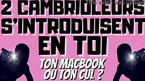 Two burglars dominate with double penetration in gay audio.