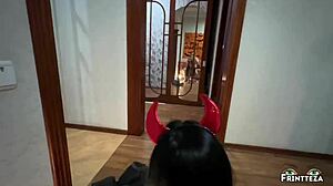 Stepson filled his stepmom pussy with sperm before halloween!