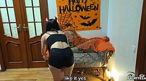 Close up of a homemade video of an amateur stepson fucking his stepmother on Halloween