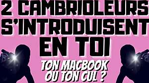 Two burglars dominate with double penetration in gay audio.