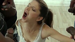 Bold beauty gets double penetrated and facialized intensely