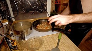 sexy naked gay chef cooks rice noodle with chicken