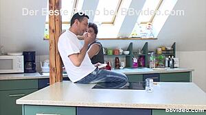 Granny Blowjob in Kitchen with Young European Stud