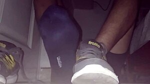 Blue Sweaty Socks And Barefeet Leading To Cumshot