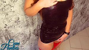 Cum on my panties before nightclub with babe couple outdoor