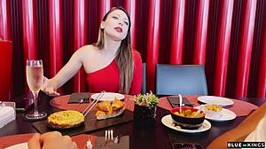 They fuck her between two after her friend leaves the date, then the neighbor joins