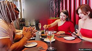 They fuck her between two after her friend leaves the date, then the neighbor joins