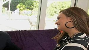 alysa gap barefoot teases with shaved pussy for big cock handjob and facial.