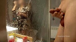 stepmom spies in bathroom while he jerks off hard