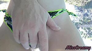 Teen student fingers pussy in risky public pool setting