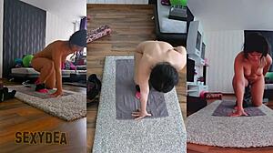 Flexible goddess in triple cam view naked yoga session