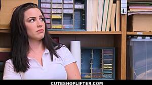 Raven Reign, a hot pawg teen 18+ shoplifter with big natural tits, gives blowjob to mall cop and gets caught in sex.