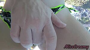 Teen student fingers pussy in risky public pool setting