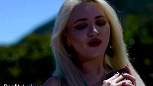 Stunning blondie with tattoos receives blowjob and gets cum on her bush.