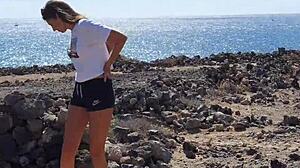 teen pissing in public gives risky blowjob. she surprises boyfriend on camping trip with outdoor fun.