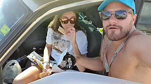 teen pissing in public gives risky blowjob. she surprises boyfriend on camping trip with outdoor fun.