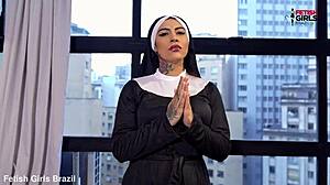 Hot and naughty Brazilian nun in action with big black cock