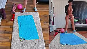 Milf spreads asshole during hot sweaty naked yoga workout.