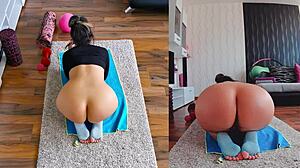 Hot and sweaty naked yoga action with ass worship
